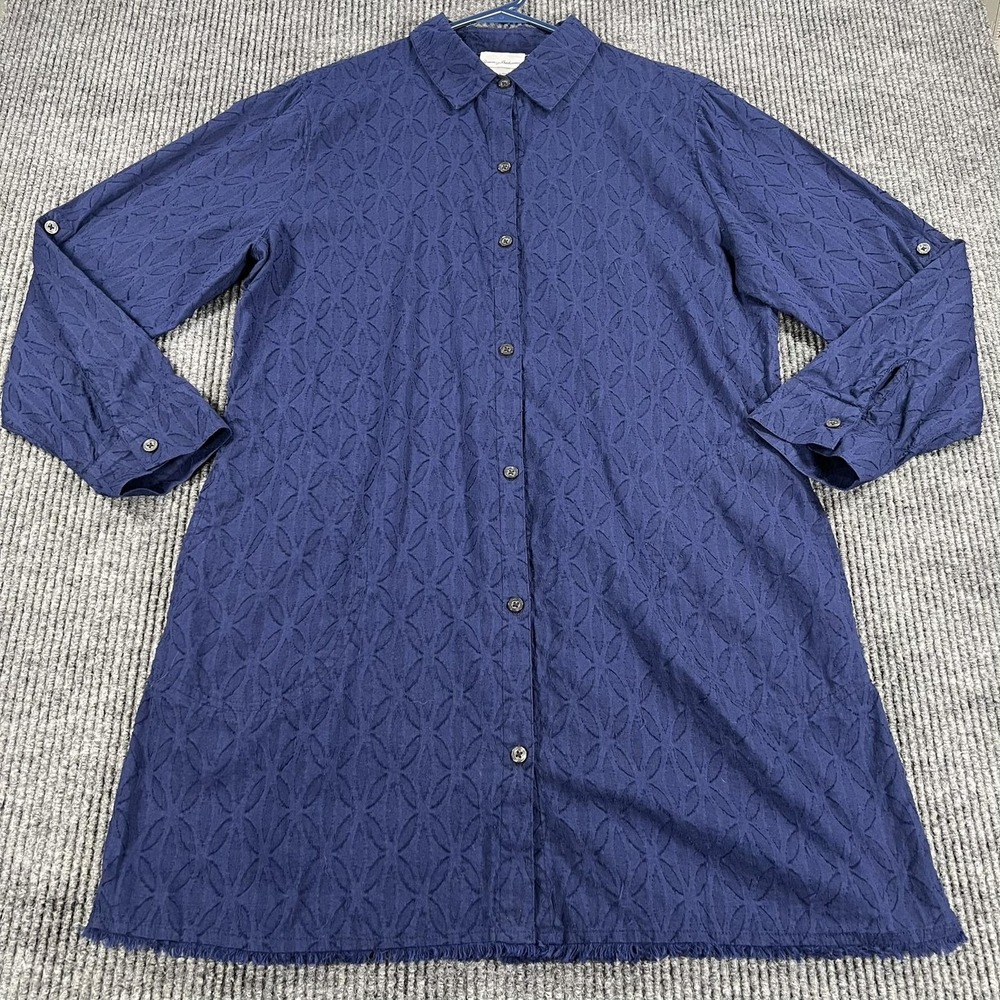 Tommy Bahama Dress Womens Medium Blue Geometric Textured Cotton Shirt Dress